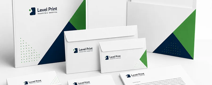 Papelería corporativa impresa por Level Print: carpetas, sobres, tarjetas y hojas membretadas